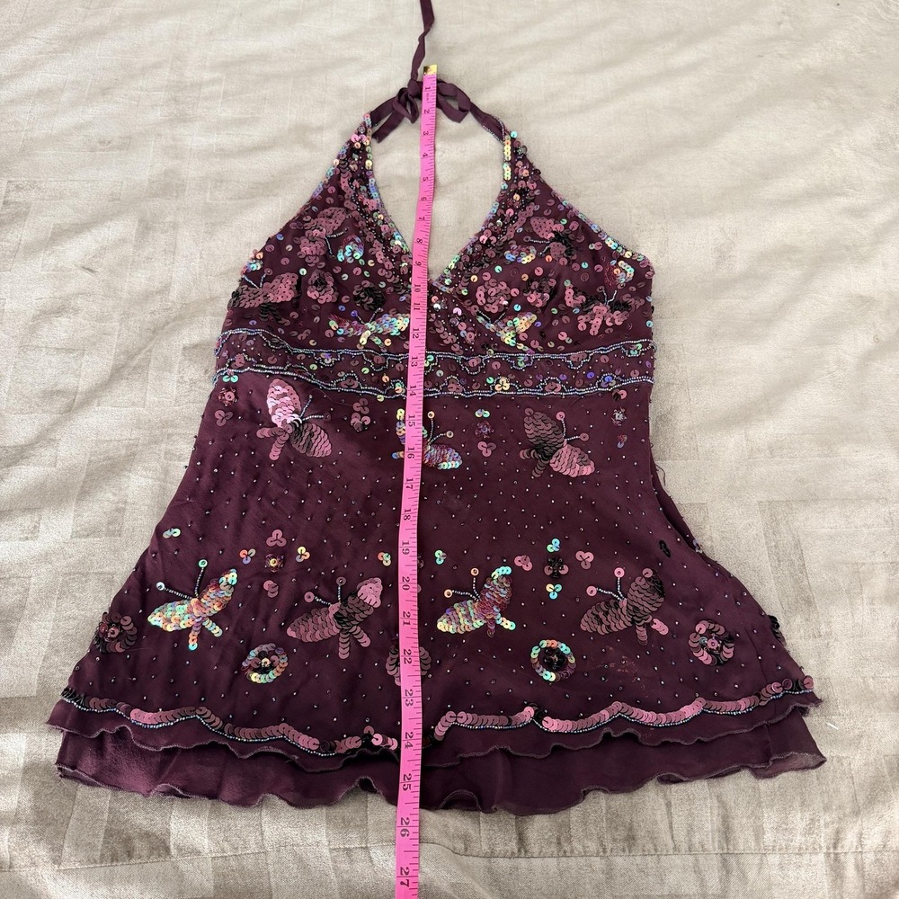VTG Y2K Bebe Sequin Butterfly Tank Top S Purple Halter Chiffon Party Cami Beaded - Picture 12 of 12